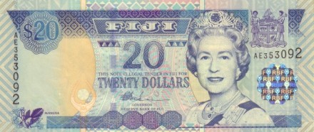 Фиджи 20 долларов 2002 Елизавета II UNC / коллекционная купюра