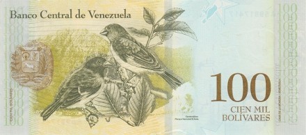 Венесуэла 100000 боливаров 2017 г. «Черный с капюшоном огненный Чиж» UNC Спец.цена!! Тип: II