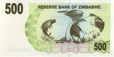 Зимбабве 500 долларов 2007 Африканская тигр-рыба аUNC