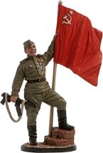 Солдатик Гвардии ефрейтор пехоты Красной Армии с советским флагом. 1943-45 гг. СССР / цветной оловянный солдатик