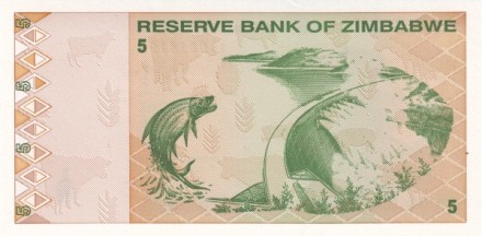 Зимбабве 5 долларов 2009 Тигровая рыба UNC
