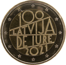 Латвия 2 евро 2021 г.  100-летие признания Латвии де-юре