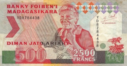 Мадагаскар 500 ариари (2500 франков) 1993 Серая цапля Гумбольдта UNC / коллекционная купюра
