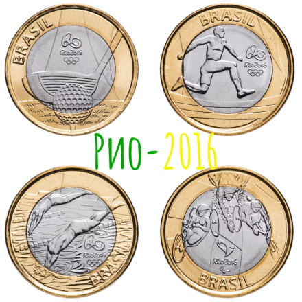 Бразилия Набор из 4 монет 2014 Гольф, легкая атлетика, плавание, паралимпиада UNC / Олимпиада в Рио де Жанейро-2016