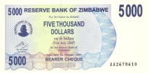 Зимбабве 5000 долларов 2007 г  Плотина Кариба UNC     