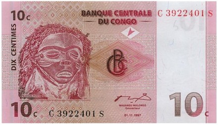 Конго 10 сантима 1997 г «Маска племени Пенде» UNC