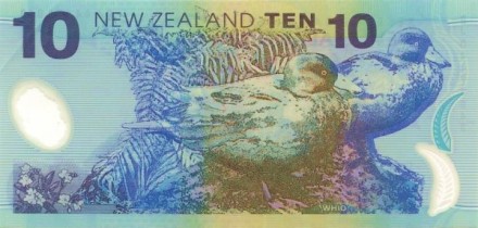 Новая Зеландия 10 долларов 1999-2013 Кейт Шеппард. Синие утки UNC / Пластиковая коллекционная купюра