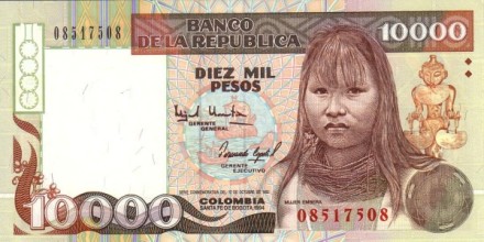 Колумбия 10000 песо 1994 г «Женщина из племени Эмбера» UNC