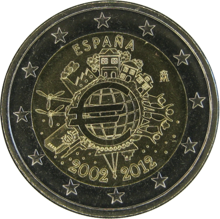 Испания 2 евро 2012 г 10 лет евро