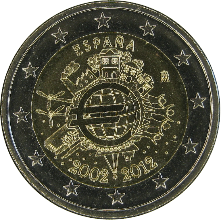 Испания 2 евро 2012 г  10 лет евро