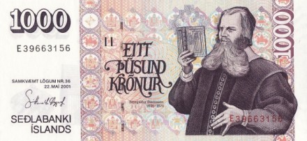 Исландия 1000 крон 2009 г.  /портрет епископа Брюнхёльфура Смита/  UNC   
