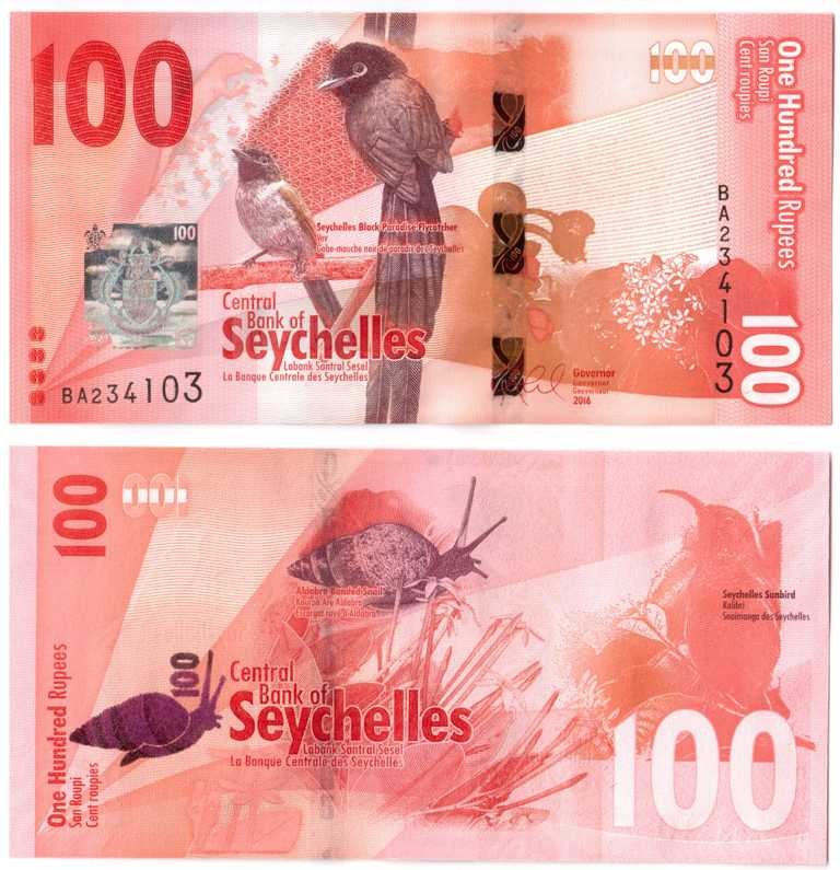 Сейшелы 100 рупий 2016 г /Сейшельская чернохвостая райская мухоловка / UNC (новый дизайн)