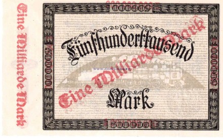 Германия 1 биллион марок на 500 000 марок 1923 г.  UNC