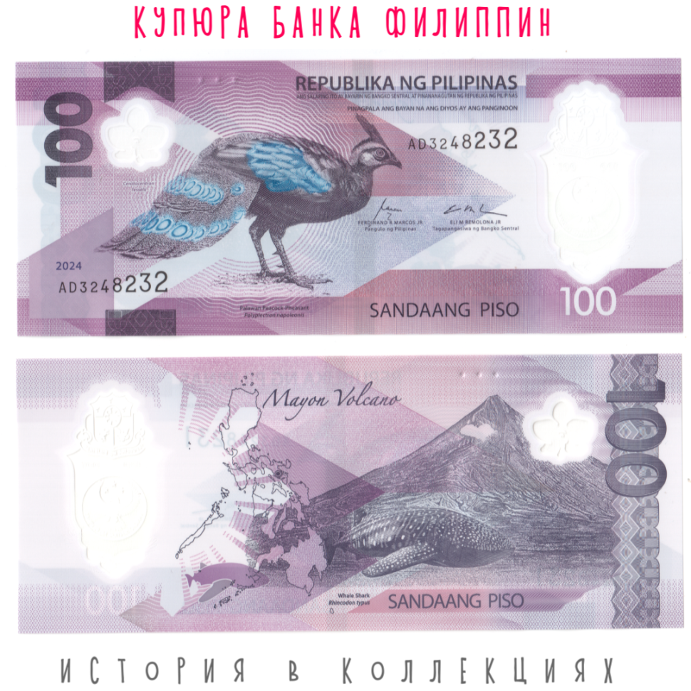Филиппины 100 песо 2024 Павлиний фазан с острова Палаван UNC / пластиковая купюра