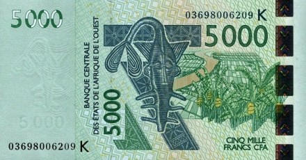 Сенегал 5000 франков КФА 2003 г. Антилопа Коб (болотный козёл) UNC