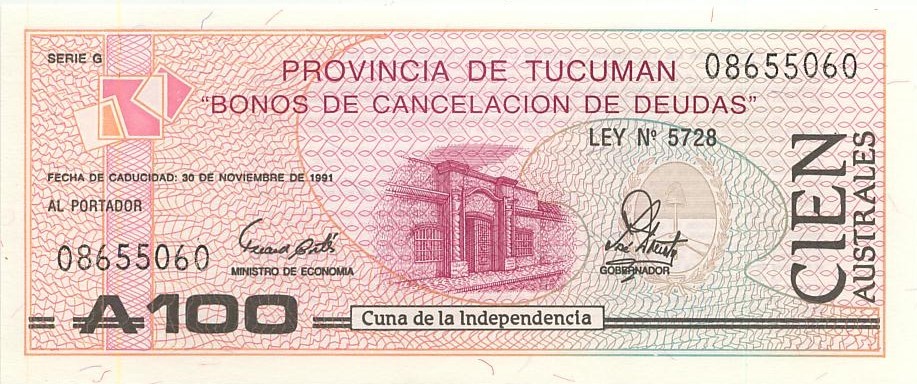 Аргентина 100 аустрал 1988-91 г "Провинция Тукуман"  UNC