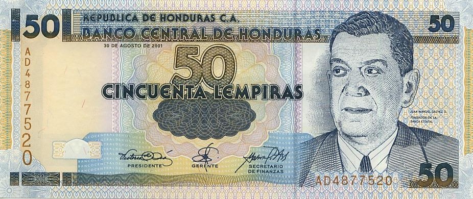 Гондурас 50 лемпир 2001-03 г Основатель банка Хуан Мануэль Галвес. UNC
