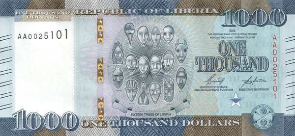 Либерия 1000 долларов 2022 / 16 племенных масок UNC / коллекционная купюра