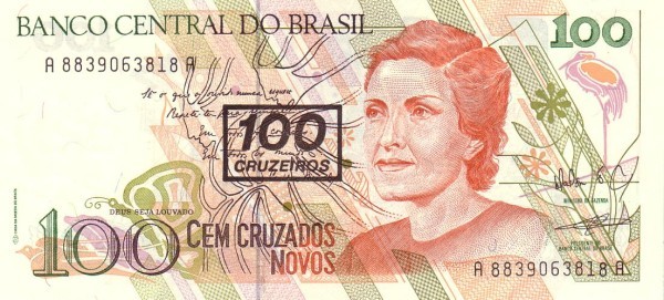 Бразилия 100 крузейро 1990 г /Сесилия Мейрелеш/  UNC  Надпечатка