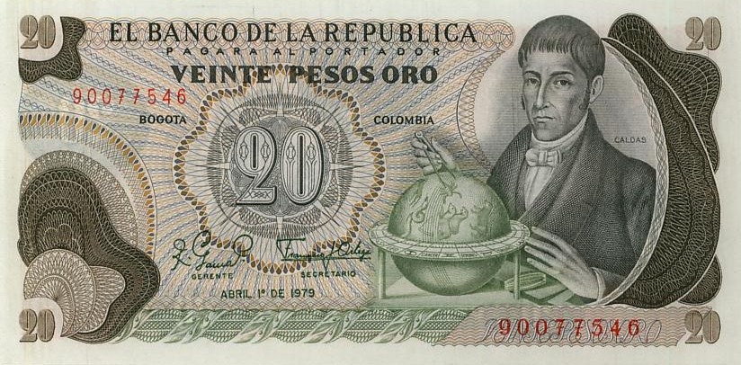 Колумбия 20 песо 1966-1983 г.  Франсиско Хосе де Кальдас  UNC
