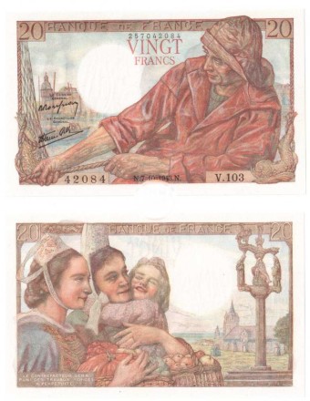 Франция 20 франков 1943 Женщины с ребенком, Бретонская кавалерийская статуя UNC Редк!!