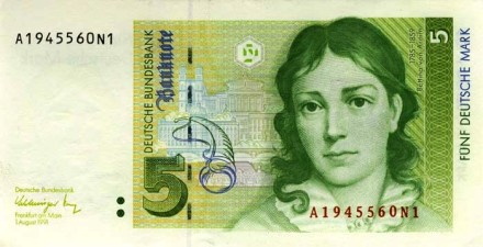 Германия (ФРГ) 5 марок 1991 г Беттина фон Арним UNC