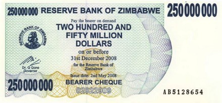 Зимбабве 250.000.000 долларов 2008 г UNC
