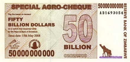 Зимбабве 50.000.000.000 (50 биллионов) долларов 2008  UNC Агро-чек