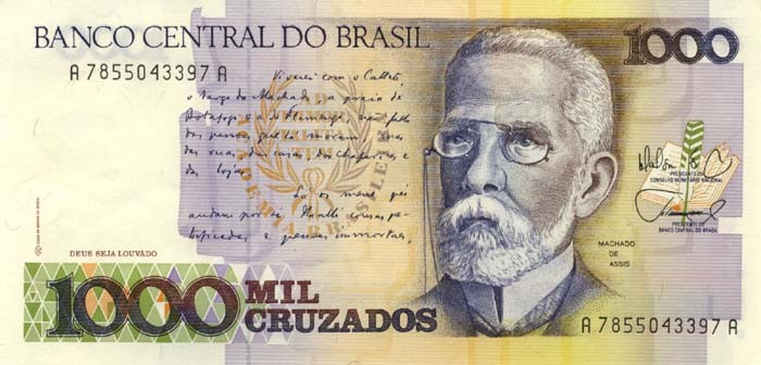 Бразилия 1000 крузадо 1986-1989 Жоаким Машаду де Ассис UNC