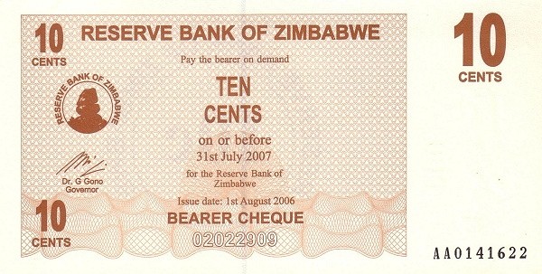 Зимбабве 10 центов 2006  Чек на предъявителя  UNC   