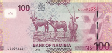 Намибия 100 долларов 2018 г Ориксы (Сернобыки)  UNC  