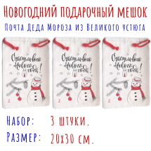 Новогодний подарочный мешок 20х30 (3 штуки) / Снеговик / Счастливого Нового года