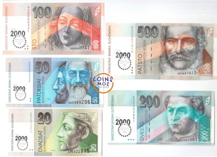 Словения. Миллениум  Сет из 5 банкнот 20+50+100+200+500 толаров 2000 г.  UNC 