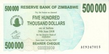 Зимбабве 500.000 долларов 2007  Чек на предъявителя  аUNC     