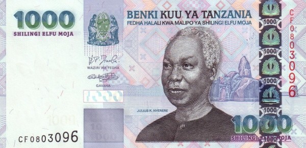 Танзания  1000 шиллингов 2003-2006 /Первый президент Джулиус Камбарадже Ньерере/  UNC рубашка на мужскую сторону 