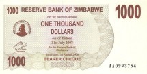 Зимбабве 1000 долларов 2006  Чек на предъявителя  UNC      