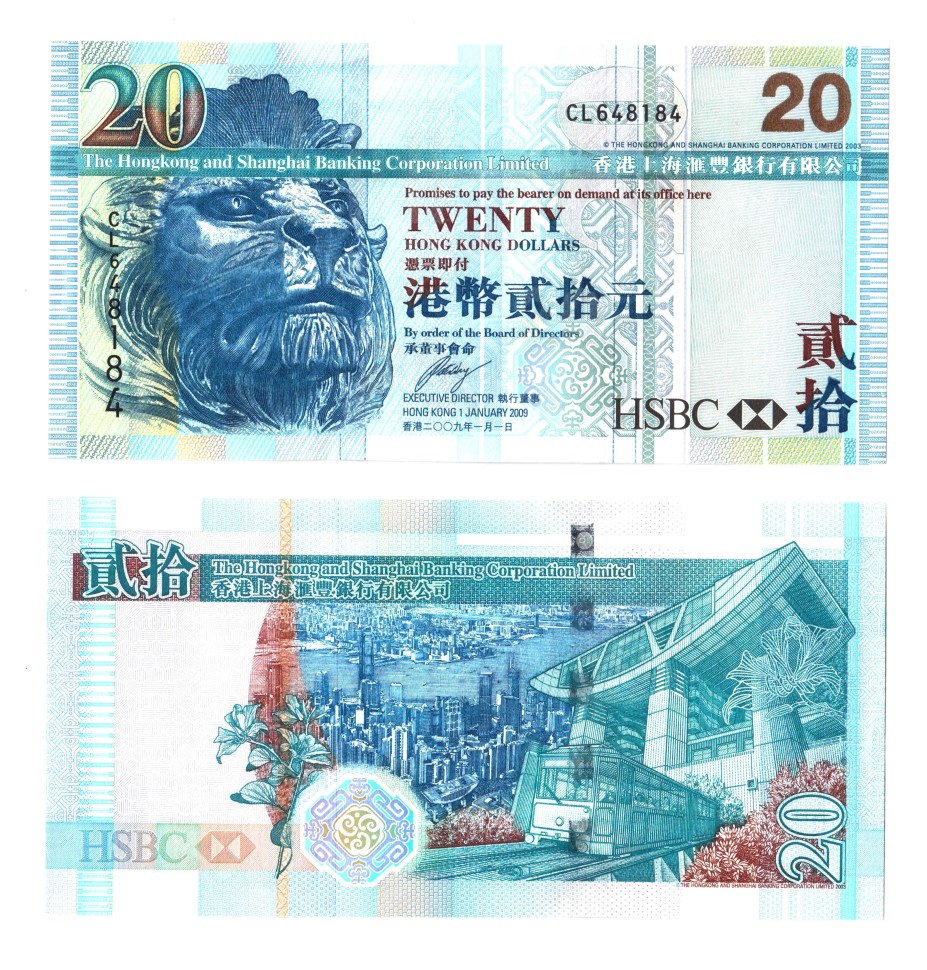 Гонконг 20 долларов 2009 Лев UNC / коллекционная купюра