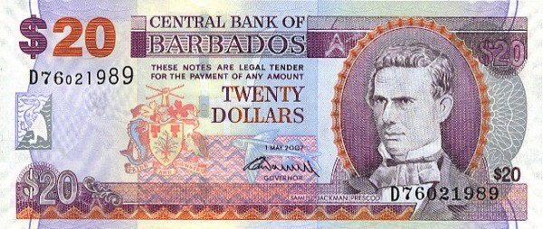 Барбадос 20 долларов 2007 г.  Самуил Джекман Прескотт  UNC   