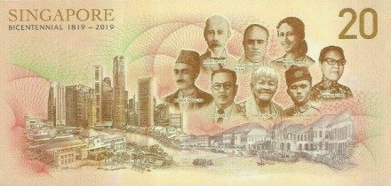 Сингапур 20 долларов 2019 г. Двухсотлетие Сингапура (1819-2019) Пластик. Юбилейная UNC   