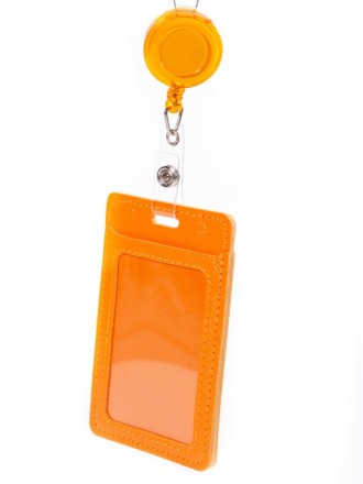 Обложка (бейдж) для проездного, карты, пропуска с держателем-рулеткой оранжевый