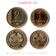Таджикистан набор монет 1, 2 дирам 2011  UNC 