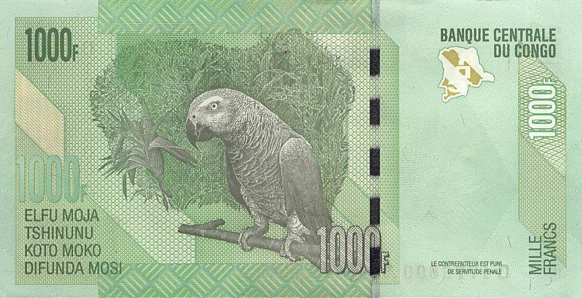 Конго 1000 франков 2005 г "Попугай" UNC