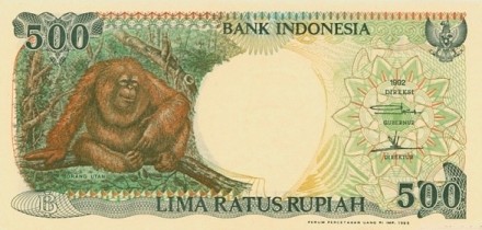 Индонезия 500 рупий 1992 г.  Орангутан UNC  