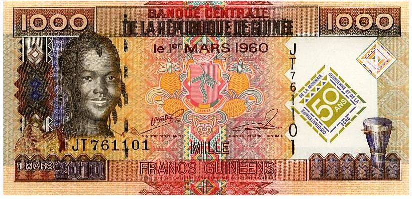 Гвинея 1000 франков 2010 г. «50 лет Центральному Банку»  UNC 
