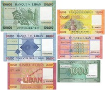 Ливан Набор банкнот 6 шт 1000+5000+10000+20000+50000+100000 ливров 2012-2020  UNC 