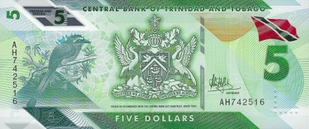Тринидад и Тобаго 5 долларов 2020  / Синий-коронованный мотмот UNC  Пластиковая!