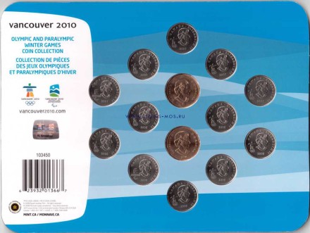 Олимпиада в Ванкувере 2010 Официальный набор монет (25 центов+2 $) 14 шт. в буклете