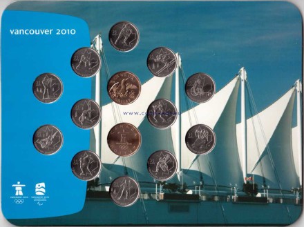 Олимпиада в Ванкувере 2010 Официальный набор монет (25 центов+2 $) 14 шт. в буклете