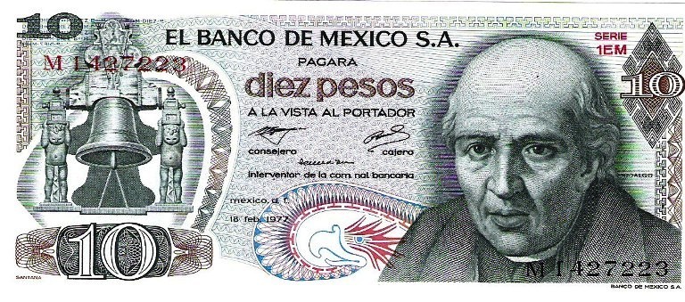 Мексика 10 песо 1977 г (портрет М.Идальго Кастильи) UNC