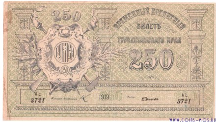 Временный Кредитный билет Туркестанского края 250 рублей 1919 г Достаточно редкая!